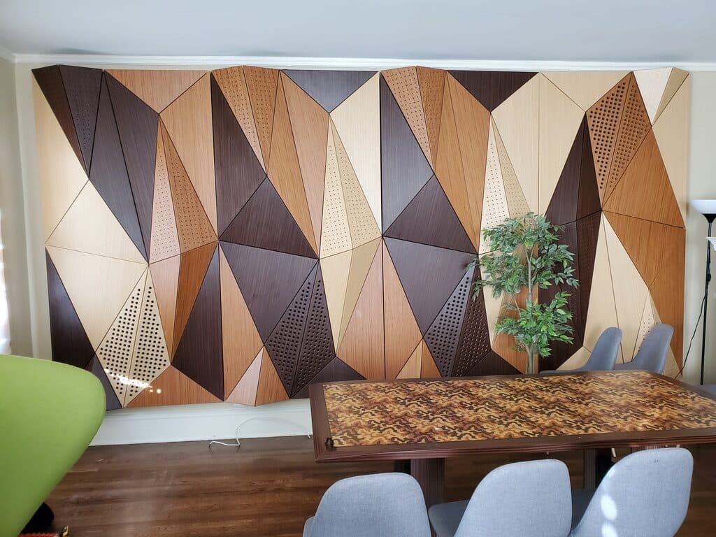 Geometric wood-panel feature wall